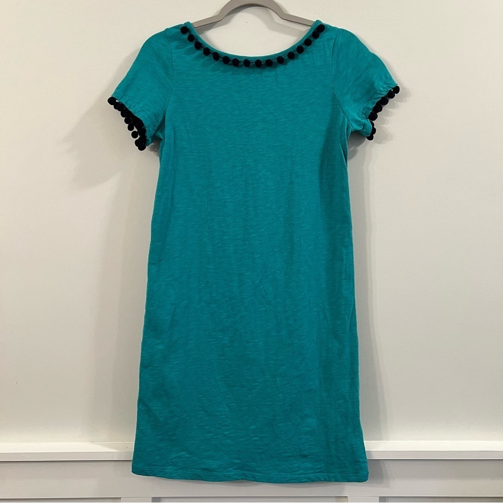 Women’s Boden teal with blue pom poms short sleeve shift dress size 2 petites